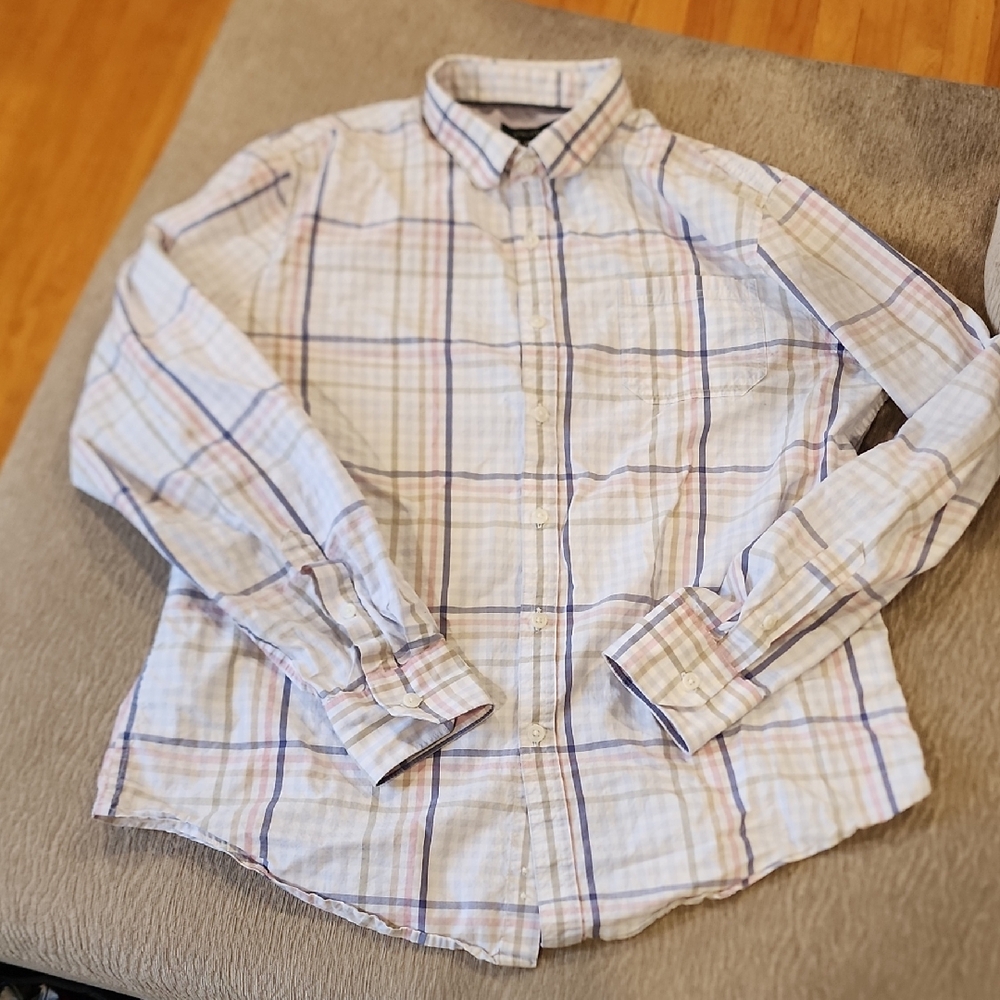 Structure Men's Casual Plaid Shirt - White With Blue Pink And Beige Stripes